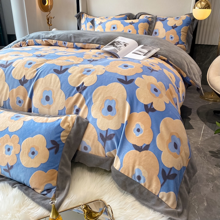 91家纺网 家纺一手货源 找家纺 吾秀 2021秋冬新款三维彩雕绒四件套 花艺-蓝