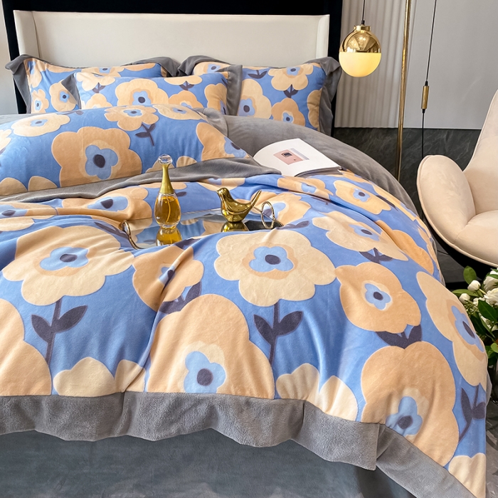 91家纺网 家纺一手货源 找家纺 吾秀 2021秋冬新款三维彩雕绒四件套 花艺-蓝