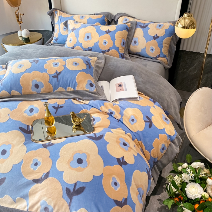 91家纺网 家纺一手货源 找家纺 吾秀 2021秋冬新款三维彩雕绒四件套 花艺-蓝