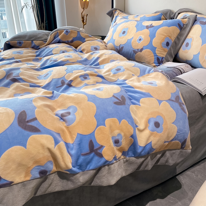 91家纺网 家纺一手货源 找家纺 吾秀 2021秋冬新款三维彩雕绒四件套 花艺-蓝