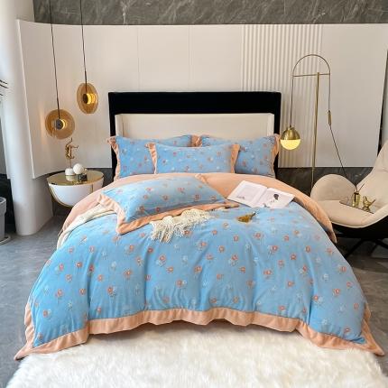 吾秀 2021秋冬新款三维彩雕绒四件套 梦花园-天蓝