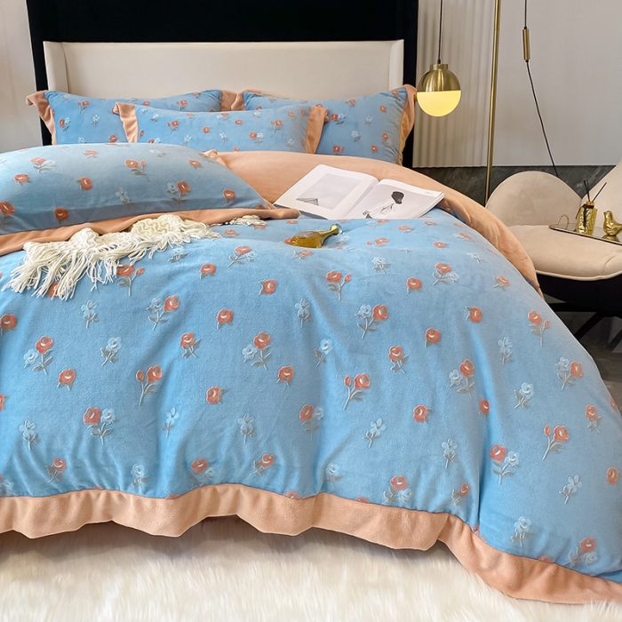 91家纺网 家纺一手货源 找家纺 吾秀 2021秋冬新款三维彩雕绒四件套 梦花园-天蓝