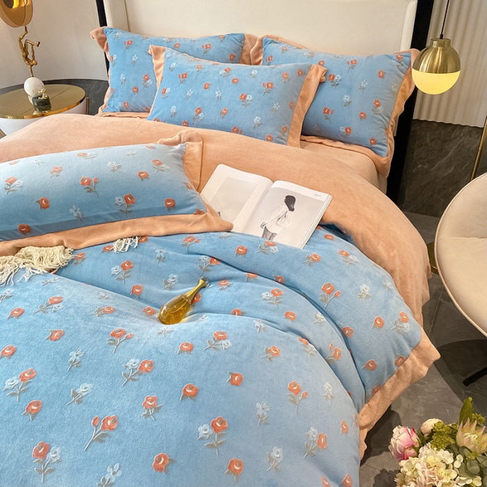 91家纺网 家纺一手货源 找家纺 吾秀 2021秋冬新款三维彩雕绒四件套 梦花园-天蓝