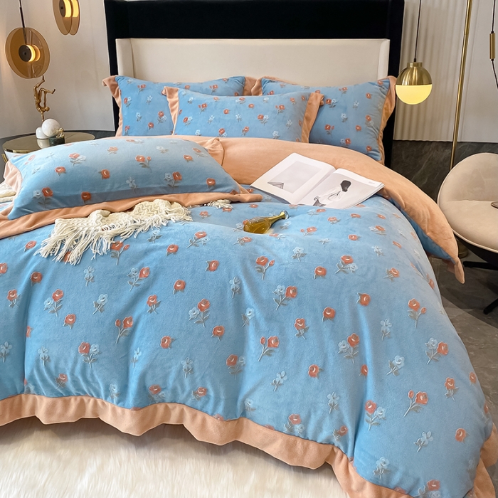 91家纺网 家纺一手货源 找家纺 吾秀 2021秋冬新款三维彩雕绒四件套 梦花园-天蓝