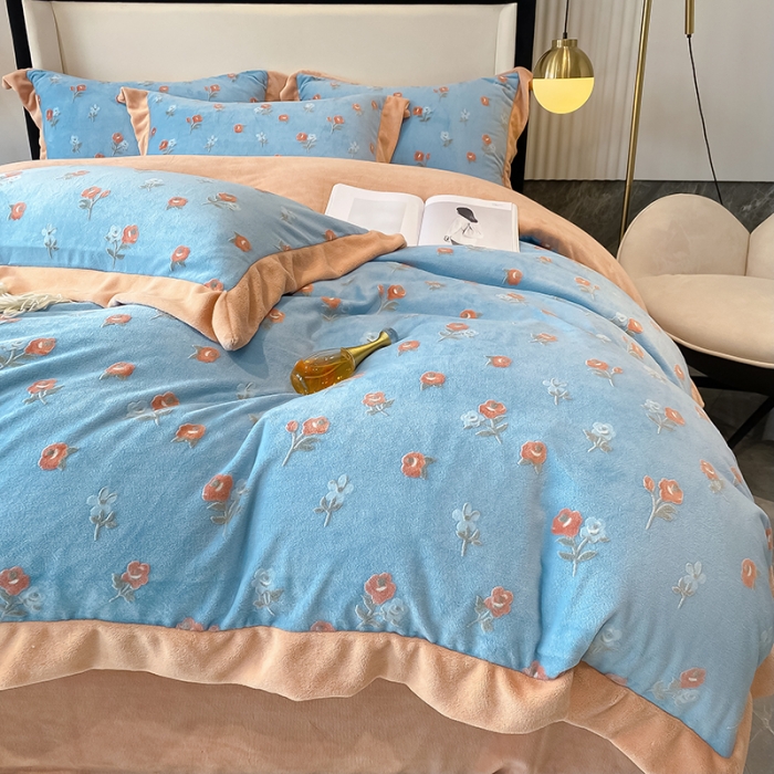 91家纺网 家纺一手货源 找家纺 吾秀 2021秋冬新款三维彩雕绒四件套 梦花园-天蓝