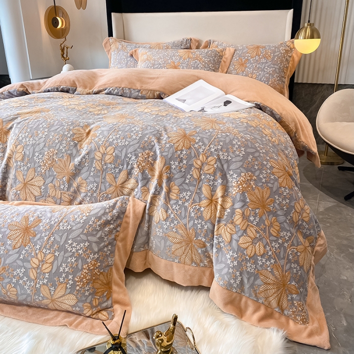 91家纺网 家纺一手货源 找家纺 吾秀 2021秋冬新款三维彩雕绒四件套 梦田-灰