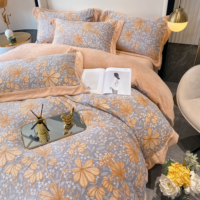 91家纺网 家纺一手货源 找家纺 吾秀 2021秋冬新款三维彩雕绒四件套 梦田-灰