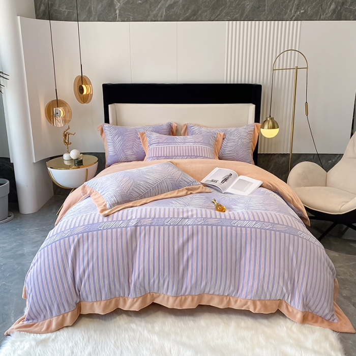 91家纺网 家纺一手货源 找家纺 吾秀 2021秋冬新款三维彩雕绒四件套 叶素-蓝灰