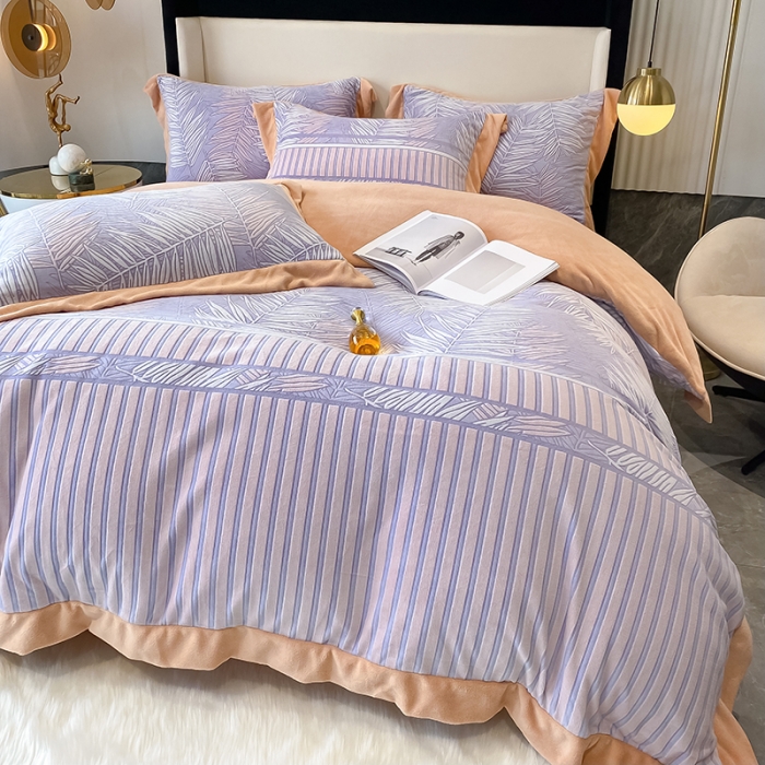 91家纺网 家纺一手货源 找家纺 吾秀 2021秋冬新款三维彩雕绒四件套 叶素-蓝灰