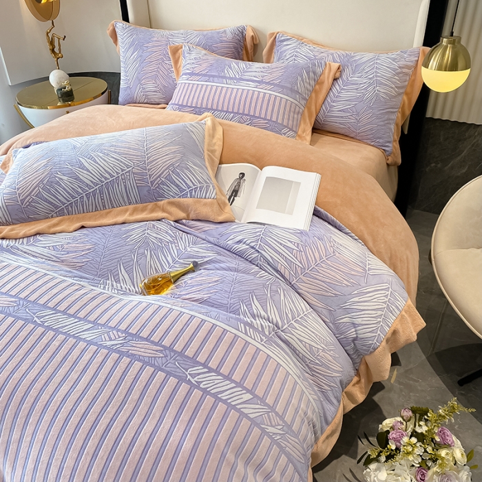 91家纺网 家纺一手货源 找家纺 吾秀 2021秋冬新款三维彩雕绒四件套 叶素-蓝灰