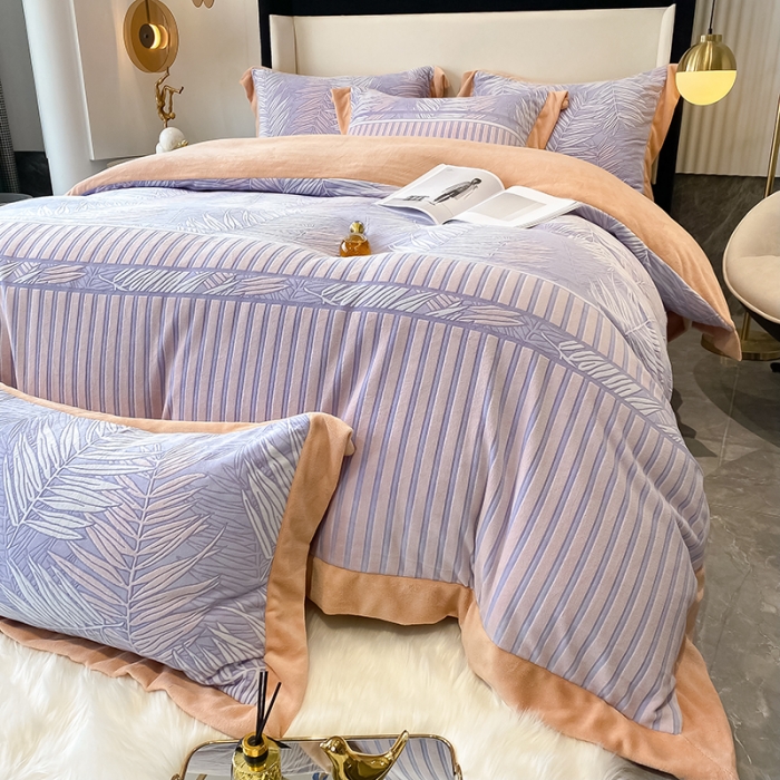 91家纺网 家纺一手货源 找家纺 吾秀 2021秋冬新款三维彩雕绒四件套 叶素-蓝灰