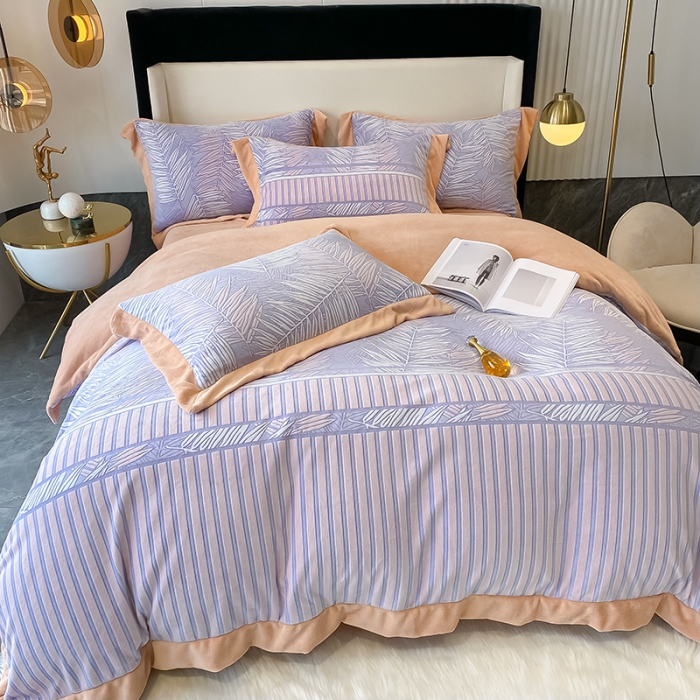 91家纺网 家纺一手货源 找家纺 吾秀 2021秋冬新款三维彩雕绒四件套 叶素-蓝灰