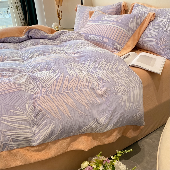 91家纺网 家纺一手货源 找家纺 吾秀 2021秋冬新款三维彩雕绒四件套 叶素-蓝灰