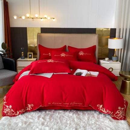 91家纺网 家纺一手货源 找家纺 博纳2021新款140克锦缎磨毛面料四件套-柏拉图 大红