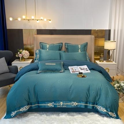 91家纺网 家纺一手货源 找家纺 博纳A面水洗真丝提花B面13372喷气纯棉四件套-拉法 墨绿