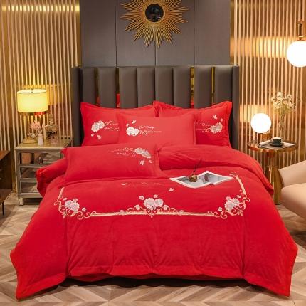 91家纺网 家纺一手货源 找家纺 诗黛尔 2021新款秋冬保暖婴儿绒绣花四件套-十里春风 大红