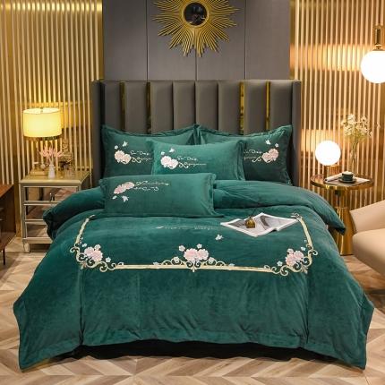 91家纺网 家纺一手货源 找家纺 诗黛尔 2021新款秋冬保暖婴儿绒绣花四件套-十里春风 墨绿