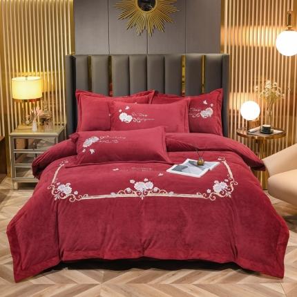 诗黛尔 2021新款秋冬保暖婴儿绒绣花四件套-十里春风 酒红