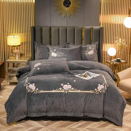 诗黛尔 2021新款秋冬保暖婴儿绒绣花四件套-十里春风 深灰