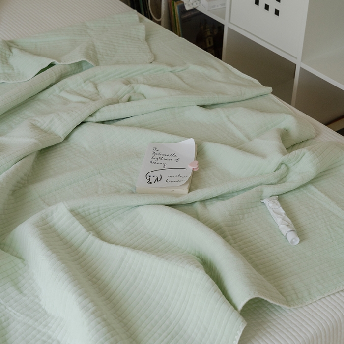 91家纺网 家纺一手货源 找家纺 洋铭区 2021新款牛奶绒绗缝夹棉毯子系列 桃绿