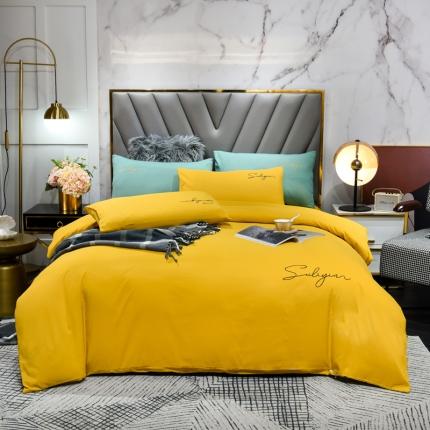 91家纺网 家纺一手货源 找家纺 孟鑫家纺 2021新款加厚纯色刺绣磨毛四件套 金秋黄