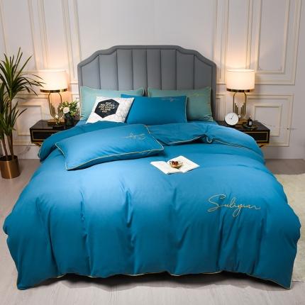 91家纺网 家纺一手货源 找家纺 孟鑫家纺 2021新款加厚纯色刺绣磨毛四件套 月光蓝