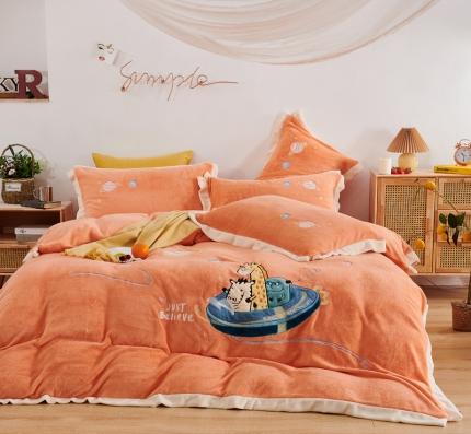 91家纺网 家纺一手货源 找家纺 眠屿家纺2021新款快乐星球贴布绣牛奶绒四件套 爱马仕桔