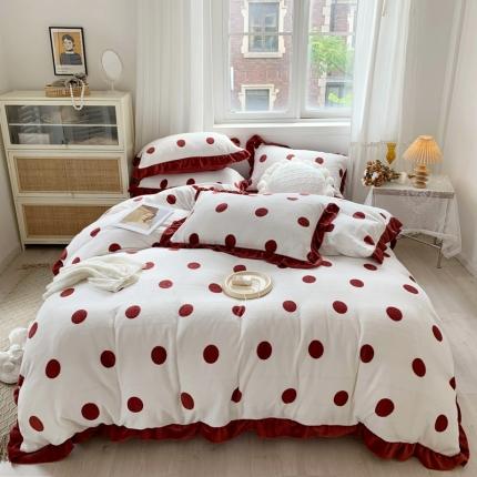 91家纺网 家纺一手货源 找家纺 眠屿家纺2021新款韩版ins黑红素描撞色牛奶绒四件套波点红