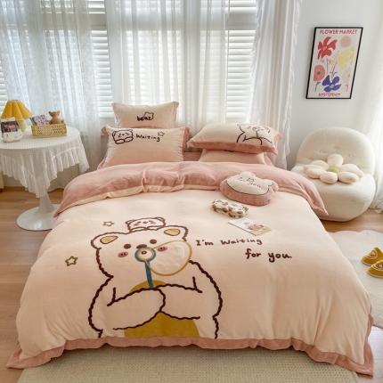 91家纺网 家纺一手货源 找家纺 眠屿家纺2021新款嘟嘟泡泡熊毛巾绣牛奶绒四件套 泡泡熊-咖