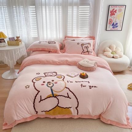 91家纺网 家纺一手货源 找家纺 眠屿家纺2021新款嘟嘟泡泡熊毛巾绣牛奶绒四件套 泡泡熊-玉