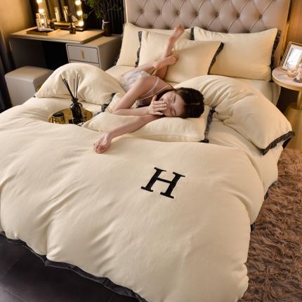 简爱家纺2025款高克重牛奶绒拼角工艺四件套 H款-米黄