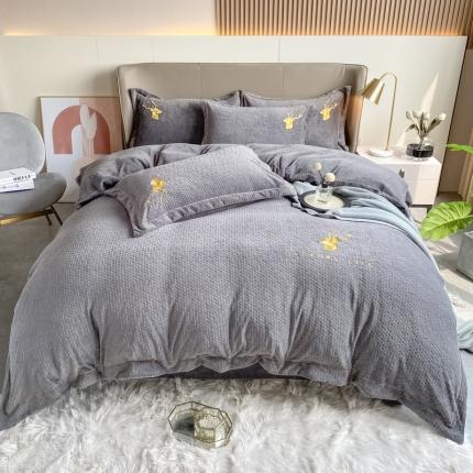 棉生活家纺 2021新款牛奶绒雕花刺绣四件套 野格-灰