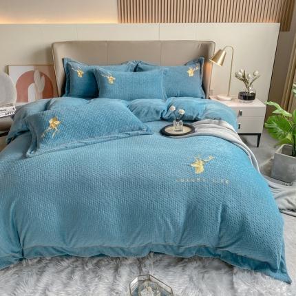 棉生活家纺 2021新款牛奶绒雕花刺绣四件套 野格-蓝