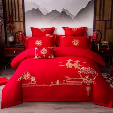 91家纺网 家纺一手货源 找家纺 博之洋 2022新款全棉喷气13372刺绣婚庆四件套吾家有喜