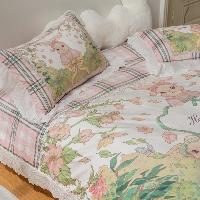 91家纺网 家纺一手货源 找家纺 圆岛家纺新款冬季森系新款高档婴儿绒花边款加厚四件套 仙境森林