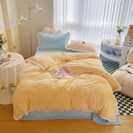 91家纺网 家纺一手货源 找家纺 圆岛家新品纺撞色混搭马卡龙ins慢热风冬款暖绒四件套 柠檬黄-枕套橘拼绿＋床单天空蓝