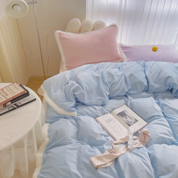 91家纺网 家纺一手货源 找家纺 （总）圆岛家新品纺撞色混搭马卡龙ins慢热风冬款暖绒四件套