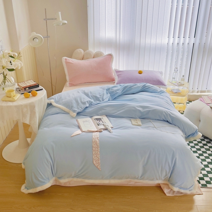 91家纺网 家纺一手货源 找家纺 （总）圆岛家新品纺撞色混搭马卡龙ins慢热风冬款暖绒四件套