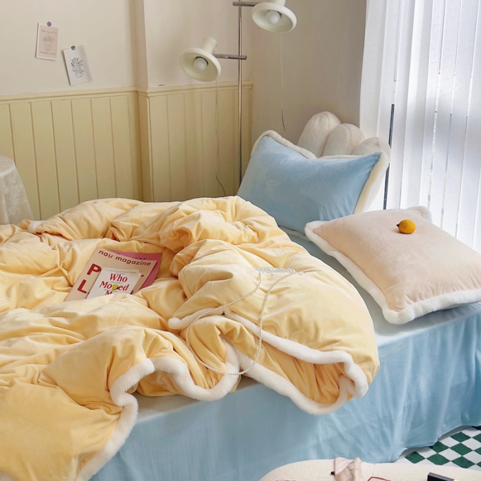 91家纺网 家纺一手货源 找家纺 圆岛家新品纺撞色混搭马卡龙ins慢热风冬款暖绒四件套 柠檬黄-枕套橙拼蓝＋床单天空蓝