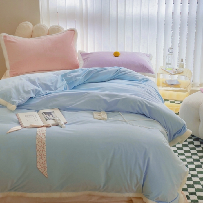 91家纺网 家纺一手货源 找家纺 圆岛家新品纺撞色混搭马卡龙ins慢热风冬款暖绒四件套 天空蓝-枕套紫拼粉＋床单香槟橙