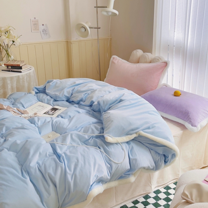 91家纺网 家纺一手货源 找家纺 圆岛家新品纺撞色混搭马卡龙ins慢热风冬款暖绒四件套 天空蓝-枕套紫拼粉＋床单香槟橙