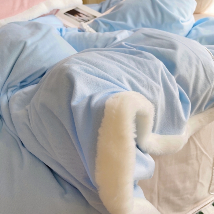 91家纺网 家纺一手货源 找家纺 圆岛家新品纺撞色混搭马卡龙ins慢热风冬款暖绒四件套 天空蓝-枕套紫拼粉＋床单香槟橙