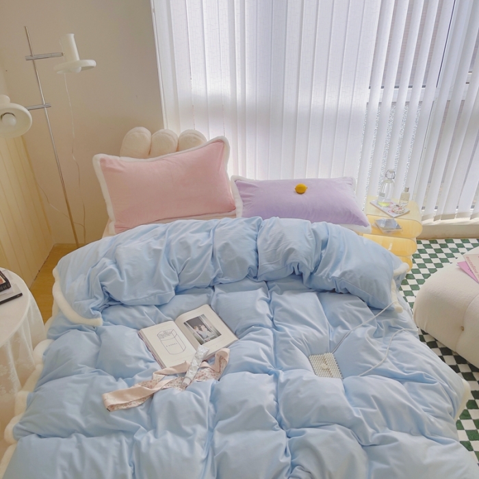91家纺网 家纺一手货源 找家纺 圆岛家新品纺撞色混搭马卡龙ins慢热风冬款暖绒四件套 天空蓝-枕套紫拼粉＋床单香槟橙