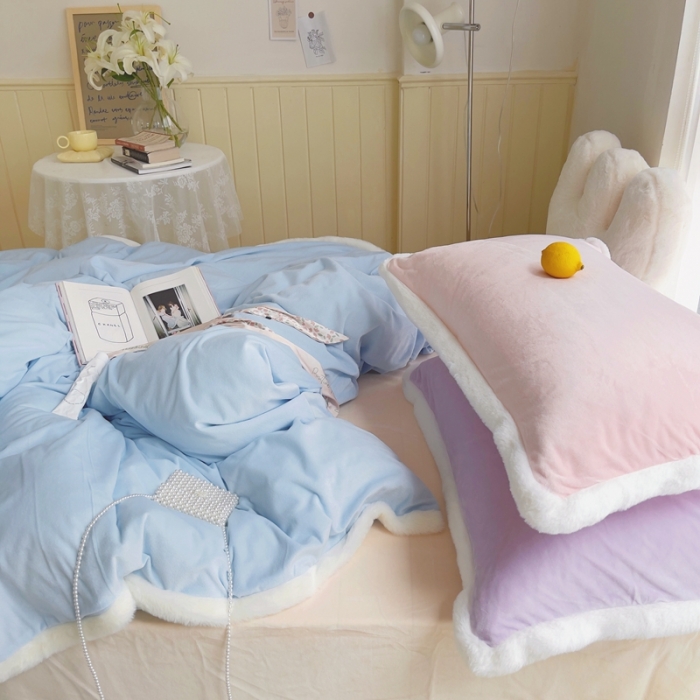 91家纺网 家纺一手货源 找家纺 圆岛家新品纺撞色混搭马卡龙ins慢热风冬款暖绒四件套 天空蓝-枕套紫拼粉＋床单香槟橙
