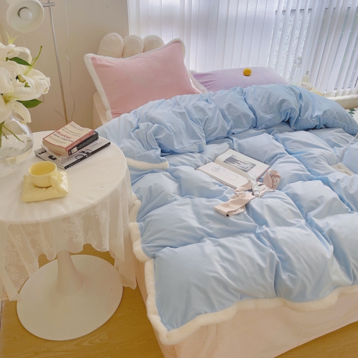 91家纺网 家纺一手货源 找家纺 圆岛家新品纺撞色混搭马卡龙ins慢热风冬款暖绒四件套 天空蓝-枕套紫拼粉＋床单香槟橙