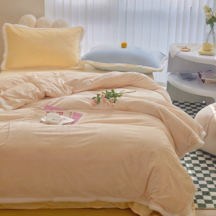 91家纺网 家纺一手货源 找家纺 圆岛家新品纺撞色混搭马卡龙ins慢热风冬款暖绒四件套 香槟橙-枕套黄拼蓝＋床单柠檬黄