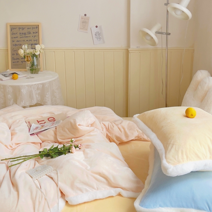 91家纺网 家纺一手货源 找家纺 圆岛家新品纺撞色混搭马卡龙ins慢热风冬款暖绒四件套 香槟橙-枕套黄拼蓝＋床单柠檬黄