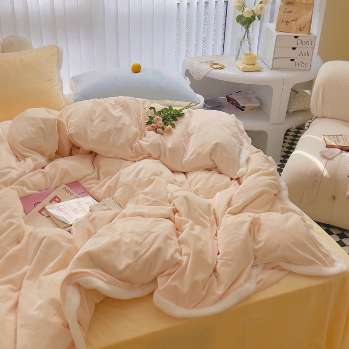 91家纺网 家纺一手货源 找家纺 圆岛家新品纺撞色混搭马卡龙ins慢热风冬款暖绒四件套 香槟橙-枕套黄拼蓝＋床单柠檬黄