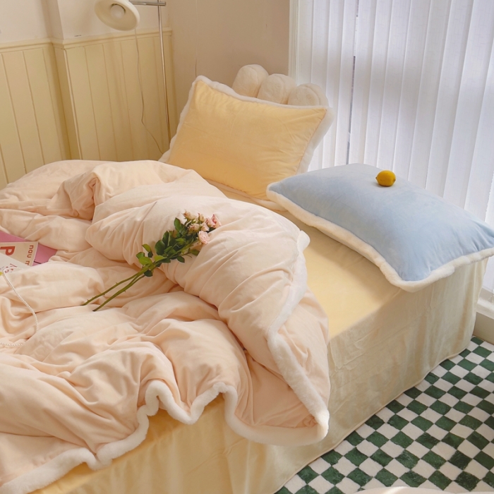 91家纺网 家纺一手货源 找家纺 圆岛家新品纺撞色混搭马卡龙ins慢热风冬款暖绒四件套 香槟橙-枕套黄拼蓝＋床单柠檬黄