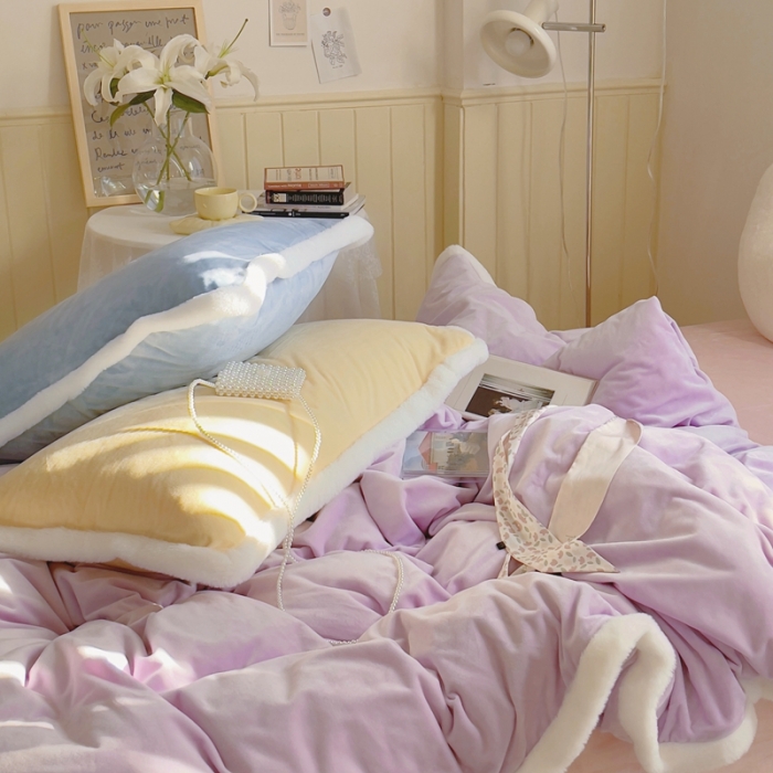 91家纺网 家纺一手货源 找家纺 圆岛家新品纺撞色混搭马卡龙ins慢热风冬款暖绒四件套 香芋紫-枕套黄拼蓝＋床单樱花粉
